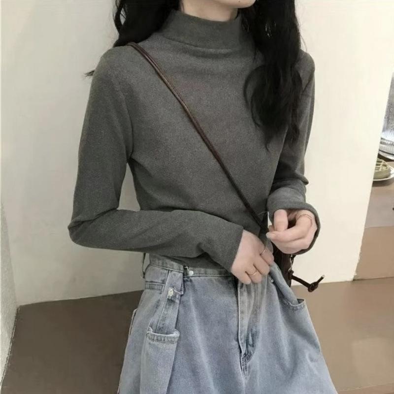 

Women s Double-Sided Brushed Plush Half-High Collar Long Sleeve Shirt - Warm, Slim, Versatile Autumn and Winter Base Layer 2XL (125-140kg) темно-серого