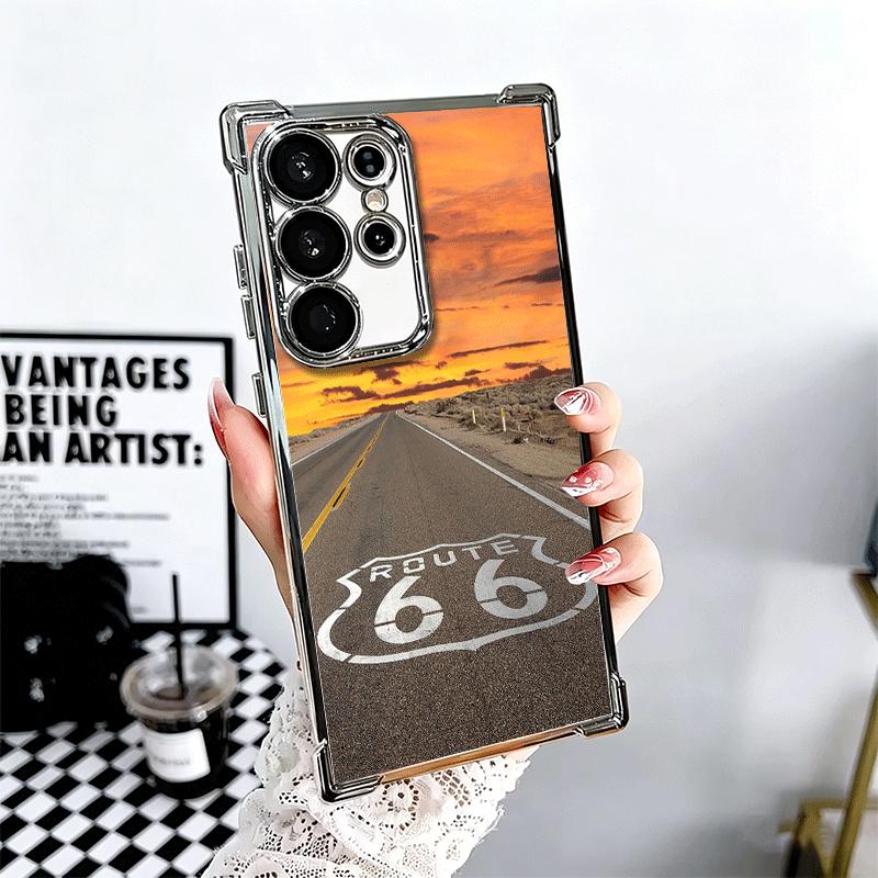

America Route 66 Plating Phone Case For Samsung Galaxy S24 S25 FE S26 Edge S23 Ultra S22 S21 Plus S20 Anti-Fall Airabag Cover Samsung S23 FE