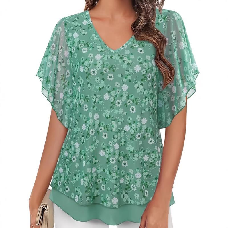Womens Floral Print Chiffon Blouse V Neck Ruffle Sleeve Casual Loose Tunic Top 0XL зелёный