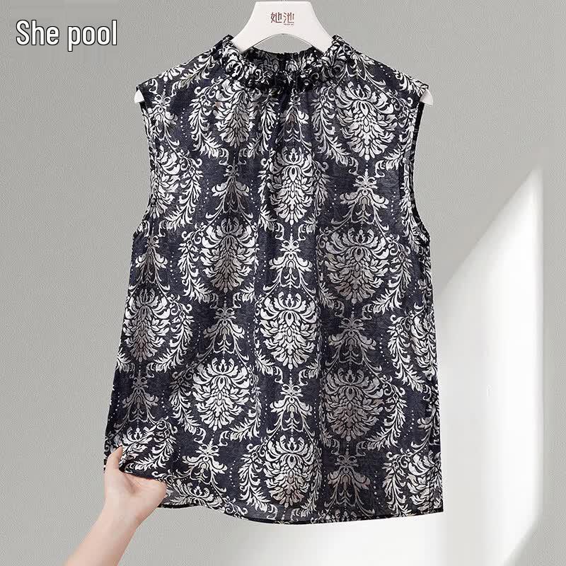 Women s Retro Print Sleeveless Stand-Collar Blouse XL