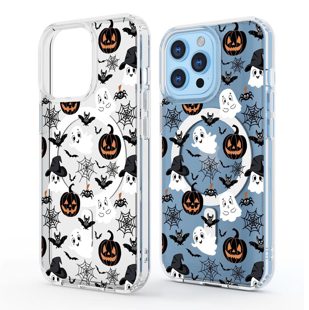 Transparent Black Pumpkin Skull Magnetic Case for iPhone 15/16/17 Pro Max – Full Coverage