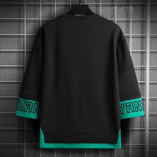 O-Neck 3/4 Sleeve Men Tops Letter Print Elastic Sweat Absorbing Breathable Hip Hop Style Fake Two Pieces T-shirt Streetwear
