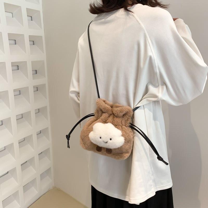 Adorable Plush Bucket Bag For Women Stylish Soft Pu Crossbody Purse In Black White Pink Khaki