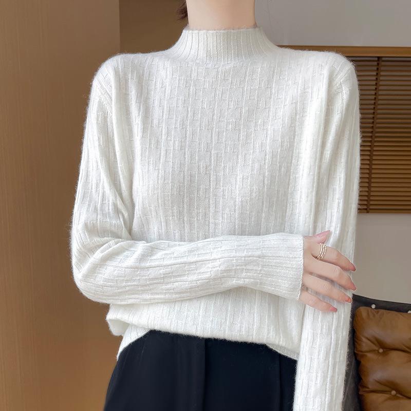 Women's Versatile Solid Color Wool Knit Sweater - Loose Half-High Collar, Long Sleeve Autumn & Winter Base Layer.