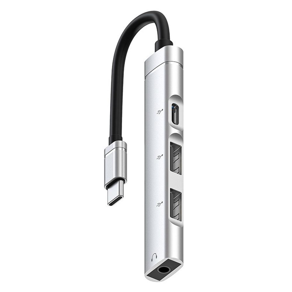 

Type C 3 Port USB 2.0 Hub PD Fast Charging Docking Station with Audio Jack Plug and Play for Mouse Keyboard Tablet серебряный