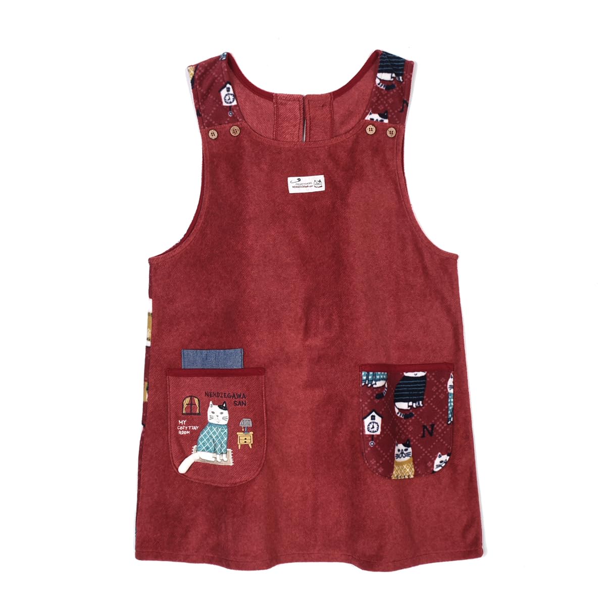 

Fleece Fleece Button Ribbon Open [Kusuguru Japan] Apron, Apron, Red, M-L