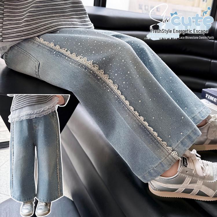 Girls' Rhinestone Lace Denim Pants - Spring/Autumn 2026: Stylish Wide-Leg Fashion for Little Girls
