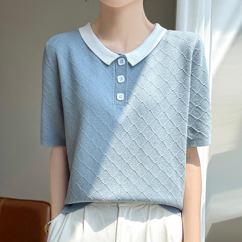 

Lapel Ice Silk Short Sleeves for Women In Summer New Loose Korean Style Versatile Thin Contrast Knitted T-shirt for Women M