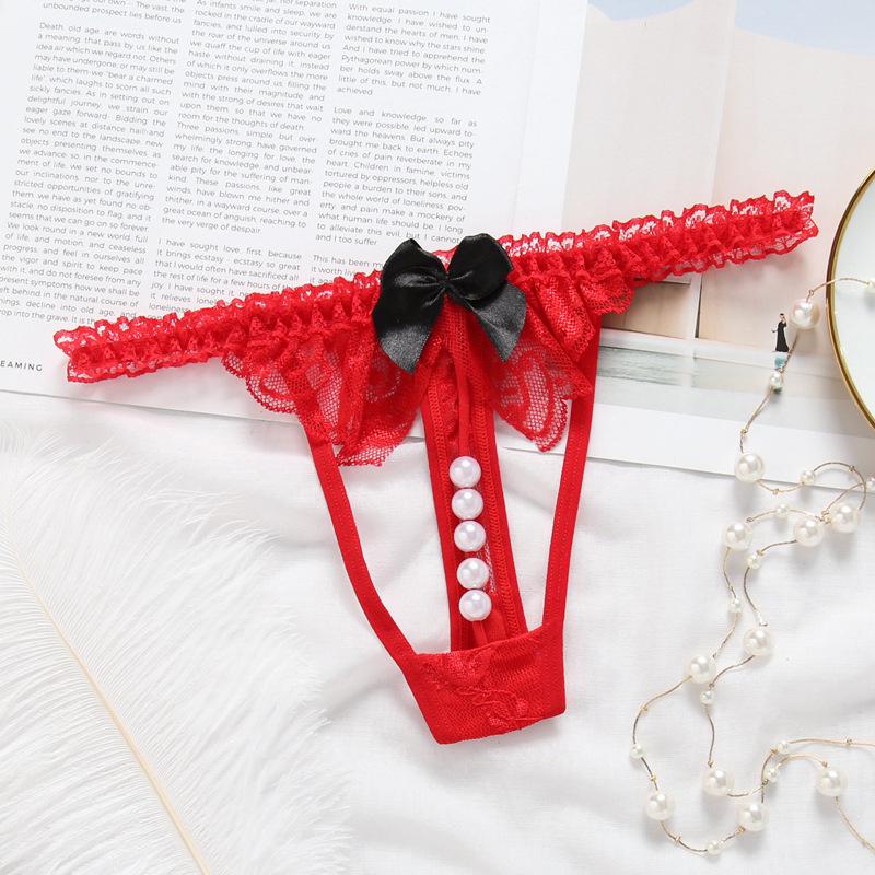 Sexy Women Open Crotch Thongs Lace Panties G-string Pearl Decor Underwear