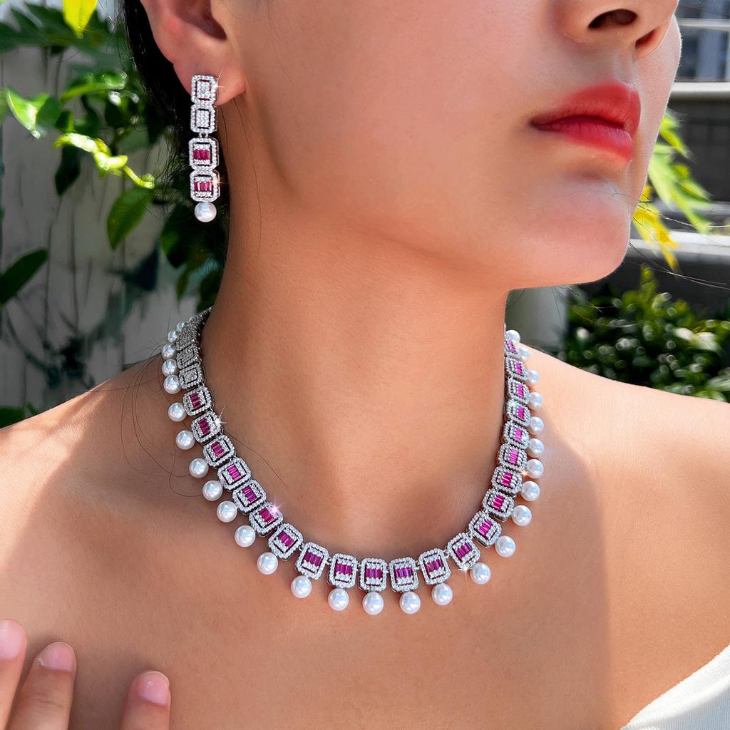 Braut Hochzeitskleid Abend Schmuckset Zirkon Perle Halskette Ohrringe Super Glänzend Zweiteilige Kette