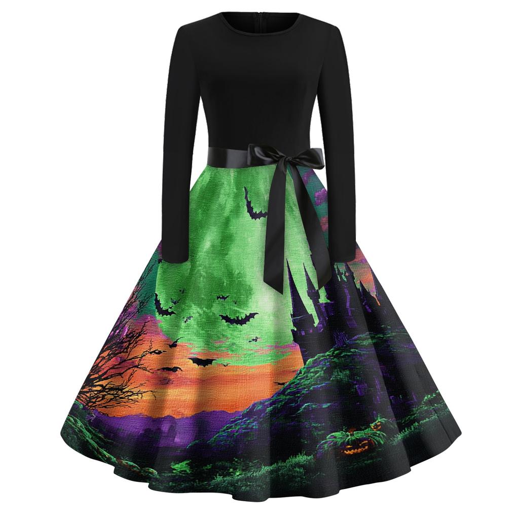 Women's Casual Vintage Halloween Print Dress Long Sleeve Round Neck Retro Style Midi Dress with Waist Tie for Everyday Wear