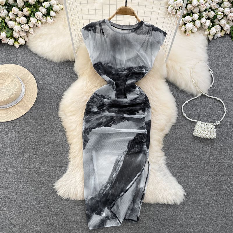 

Retro National Style round Neck Blooming Print Dress Mesh Black XL