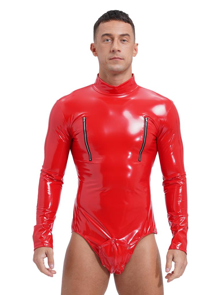 Glänzender Catsuit für Herren, sexy, mit Reißverschluss und offenem Schritt, glänzender Leder-Bodysuit aus Latex, Turnanzug, Jumpsuits, Clubwear, Pole Dance Show