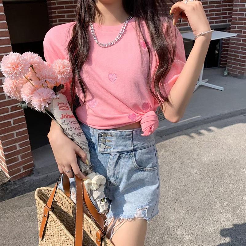 Women's Heart Embroidery Loose Short-Sleeve Round Neck T-Shirt 2023 - Trendy Korean Summer Fashion