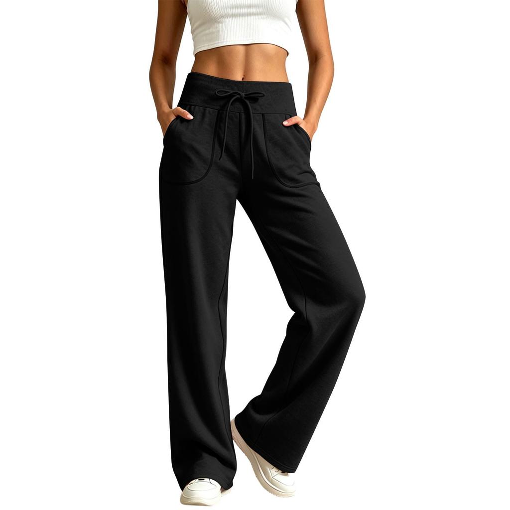 Damen Freizeit Locker Geschnittene Weite Beine Jogginghose Kordelzug Taille Mit Taschen Bequeme Lange Loungehosen