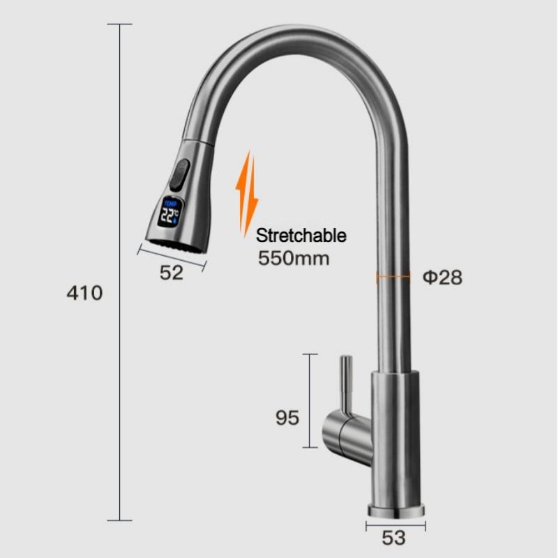 Temperature Display Kitchen Faucet Two Function Single Handle Pull Out Mixer Hot Cold Water Tap Sink Deck Mounted Single Hole