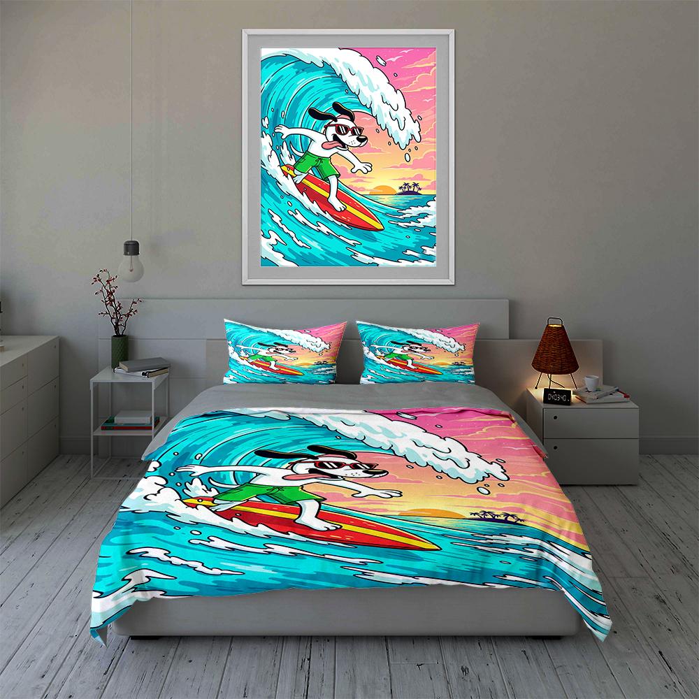 Surfing dog with waves. Bedding sets Duvet cover sets Duvet covers Pillowcases(1 * Duvet Cover 2 * Pillowcases, without duvet insert)