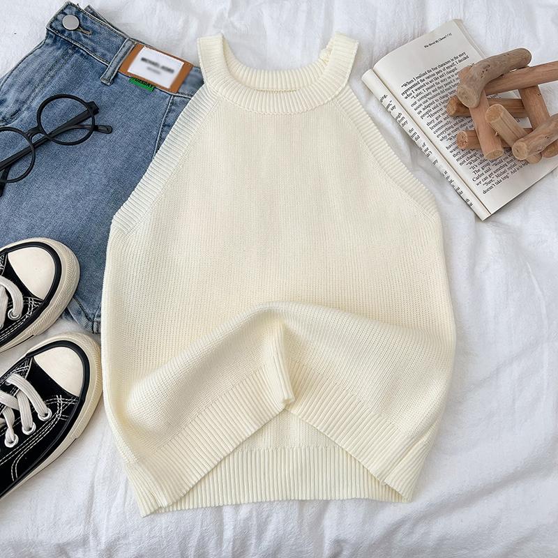 

Жіночі короткі топи В язані безрукавки з відкритими плечима Жіночі однотонні еластичні топи з круглим вирізом One Size