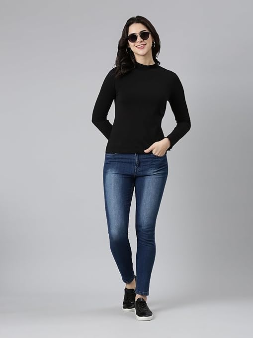 TWIN BIRDS Stylish Black Coloured High Neck Cotton Frill Tees/Regular Sweatshirt/Tops With Full Sleeves For Women-(S)