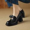 British high-heeled camellia small leather shoes spring thick heel round head platform single shoes loafers