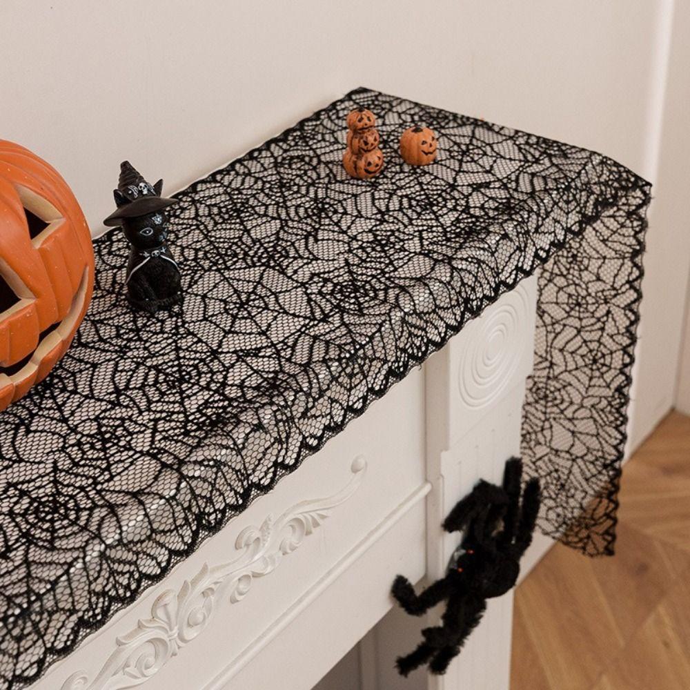 Long Length Black Lace Table Runner Black Color Hollow Out Table Runner  Halloween Party