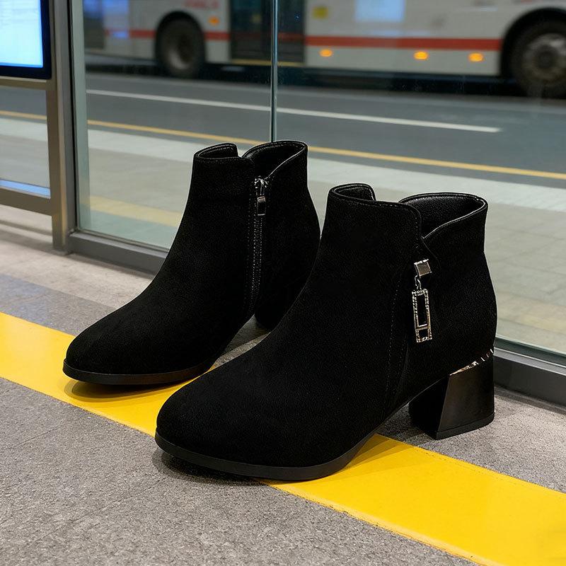 

Frosted leather short boots women s soft leather boots new autumn and winter pointed thick heel thin boots velvet cotton shoes 35