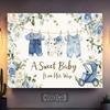 2D Boy Baby Shower Backdrop, Denim Outfits & Blue Roses Background for Photoshoot