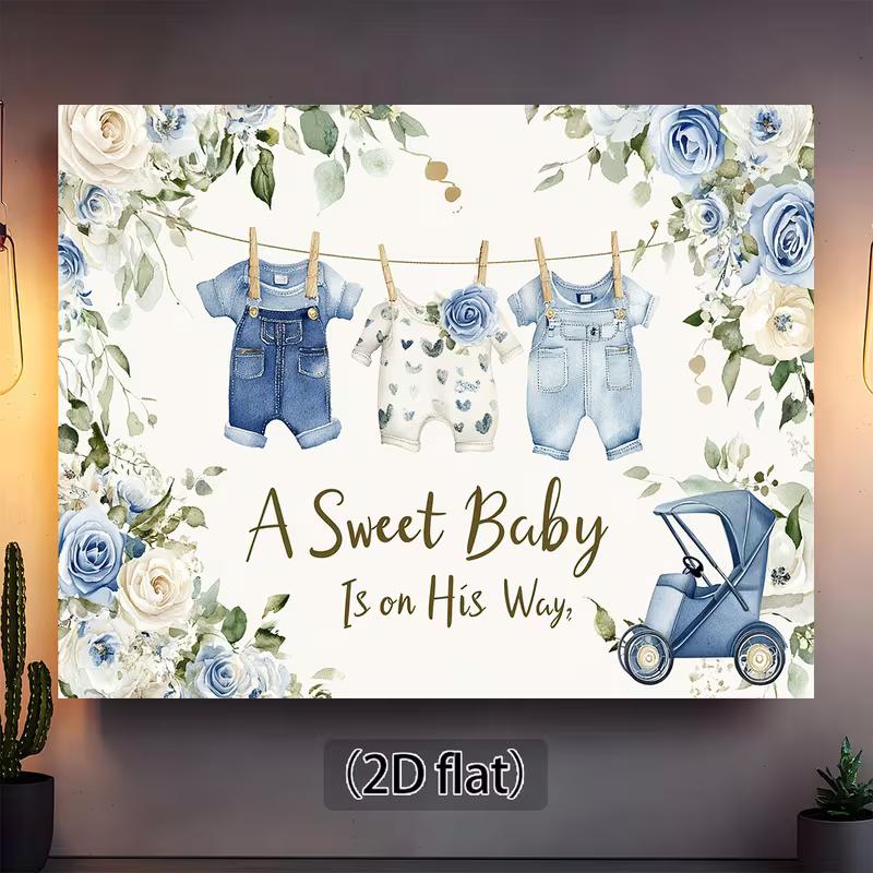 2D Boy Baby Shower Backdrop, Denim Outfits & Blue Roses Background for Photoshoot