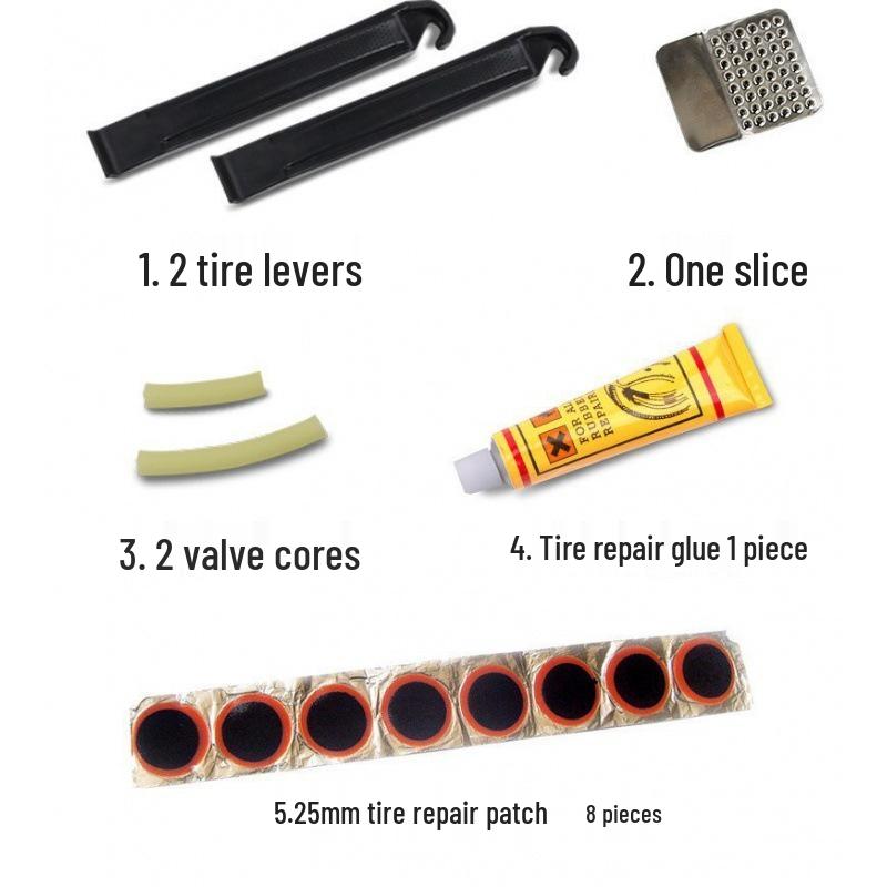 Bicycle Repair Tool Kit with Tire Patches, Pry Bar, Glue, and File In Plastic Box