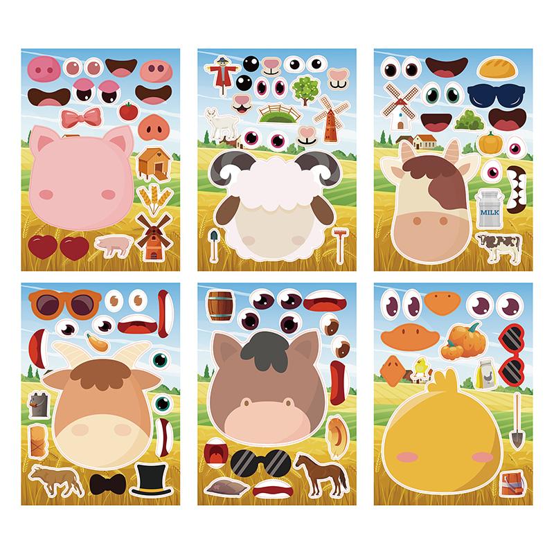 6 Sheetsset Farm Animals Assembled Sticker Kids Diy Make Animal Facial Expression Stickers Creative Toys Gift