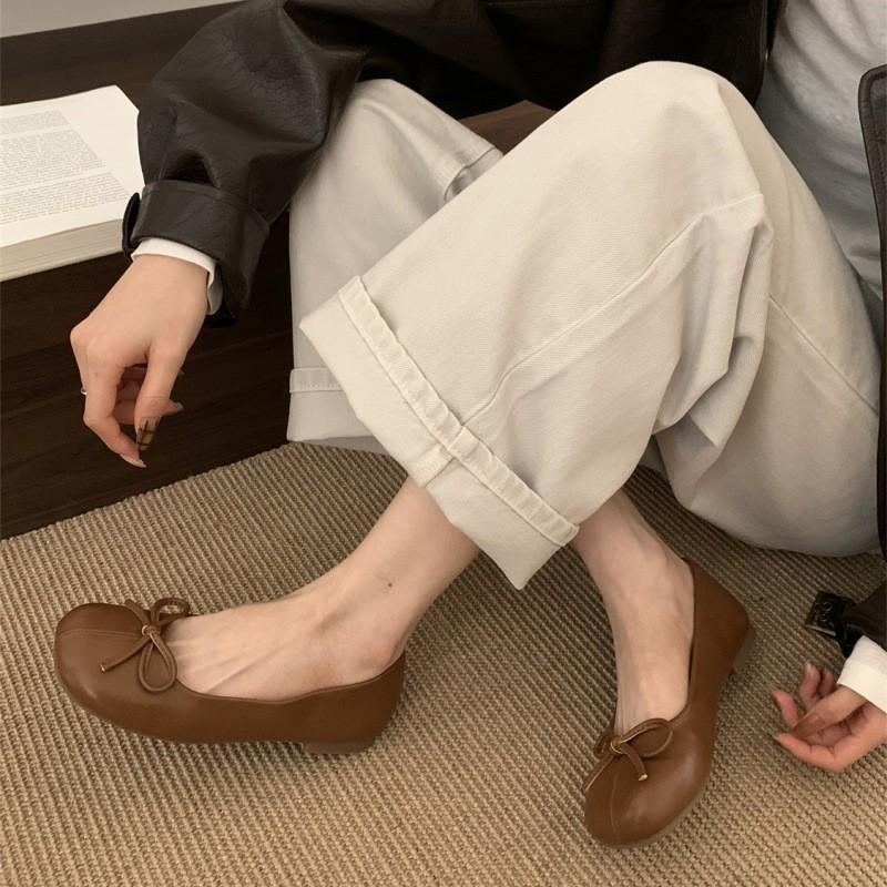 Retro soft-soled ladyshoes bow shallow mouth square head flat-soled single shoes women's shoes 2025 spring new ballet shoes