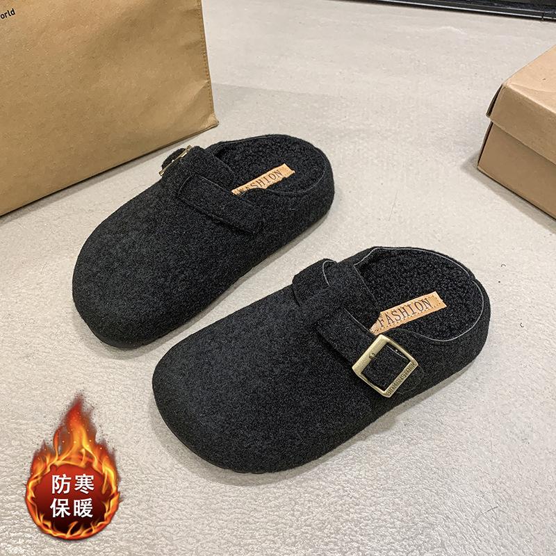 

Retro Boken shoes fluffy slippers women s outer wear 2025 new autumn and winter one-pedal velvet cotton slippers bag head half drag 35