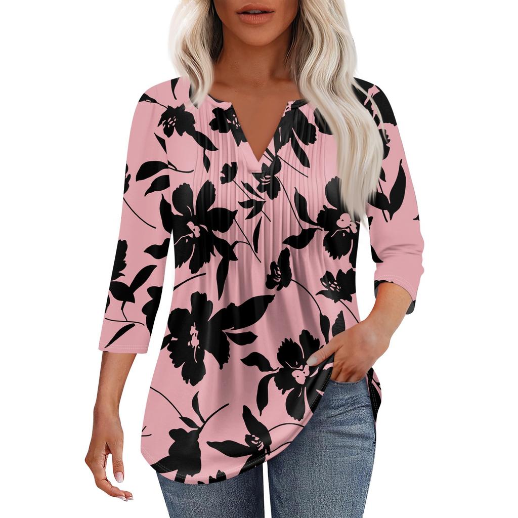 Women's Fashionable Casual Pleated  V Neck Solid Color Seven Quarter Sleeve T-shirt Top