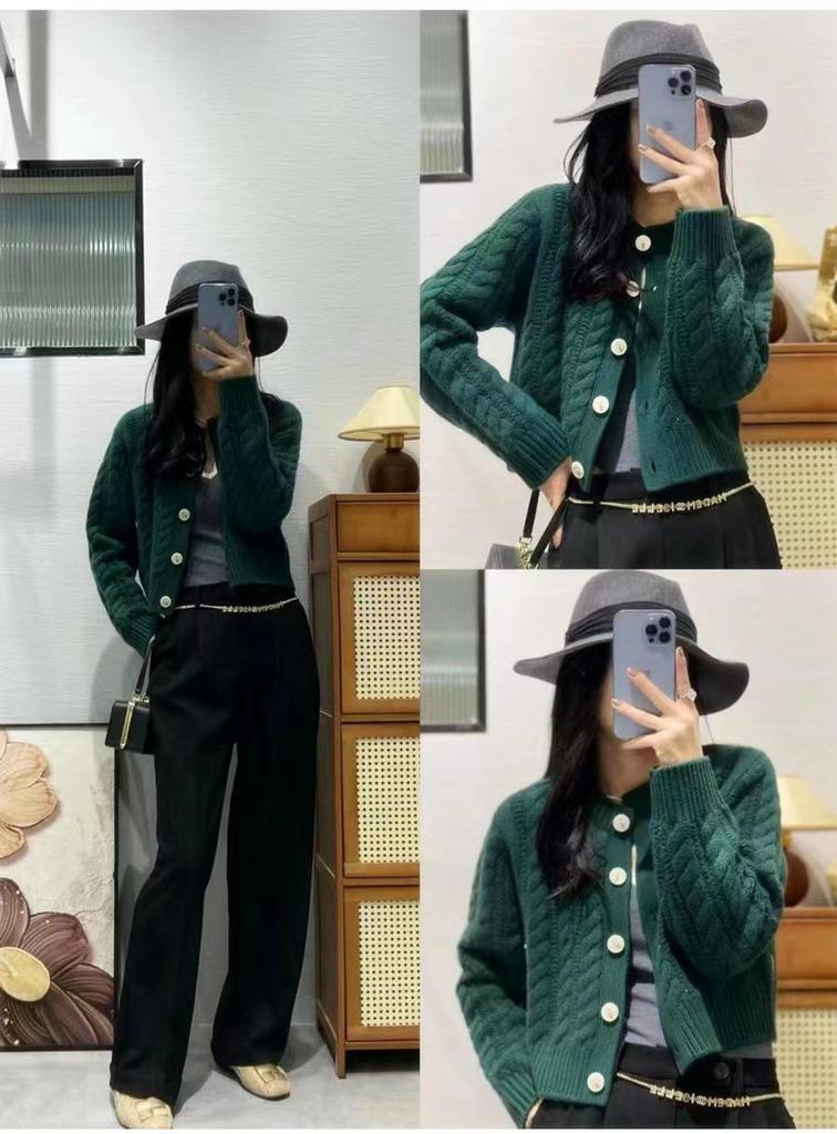 Women's Autumn Wool Cardigan - Round Neck Twist Knit Sweater, Solid Color Loose Fit