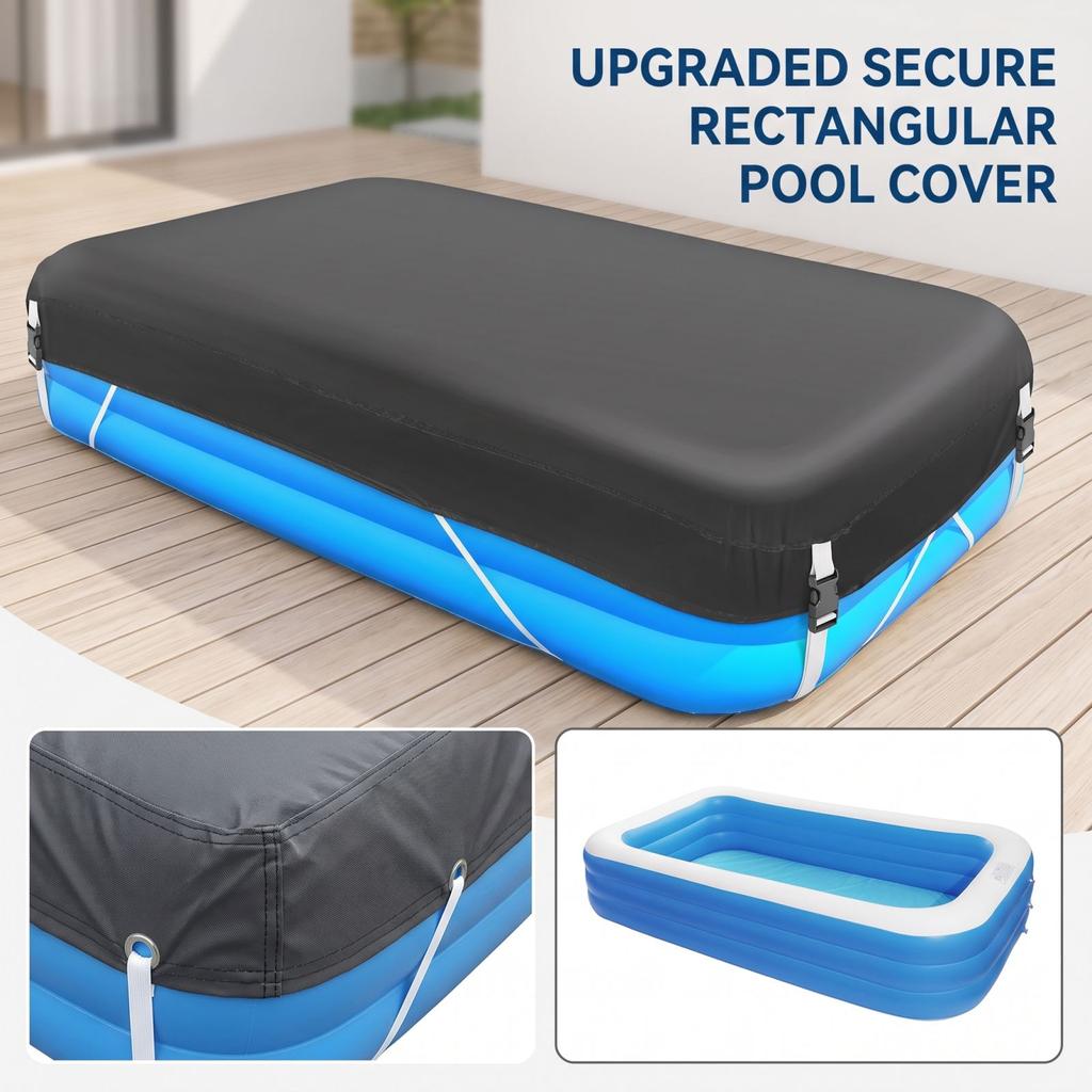 Aufblasbare Poolabdeckung für oberirdische Pools, 3 Größen - Rechteckiges Design für aufblasbare Schwimmbecken, Vollständige Abdeckung mit elastischen Gurten und Schnallen