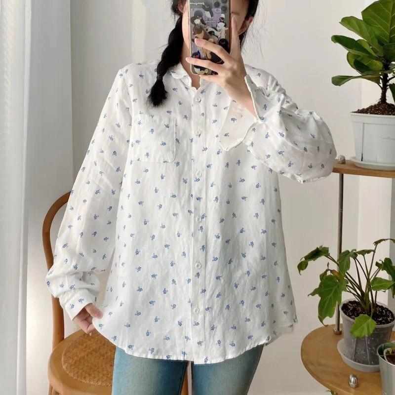 Johnature Damen Tops Shirts Sommer Umlegekragen Vintage Casual Print Umlegekragen Locker All Match Einfache Tops