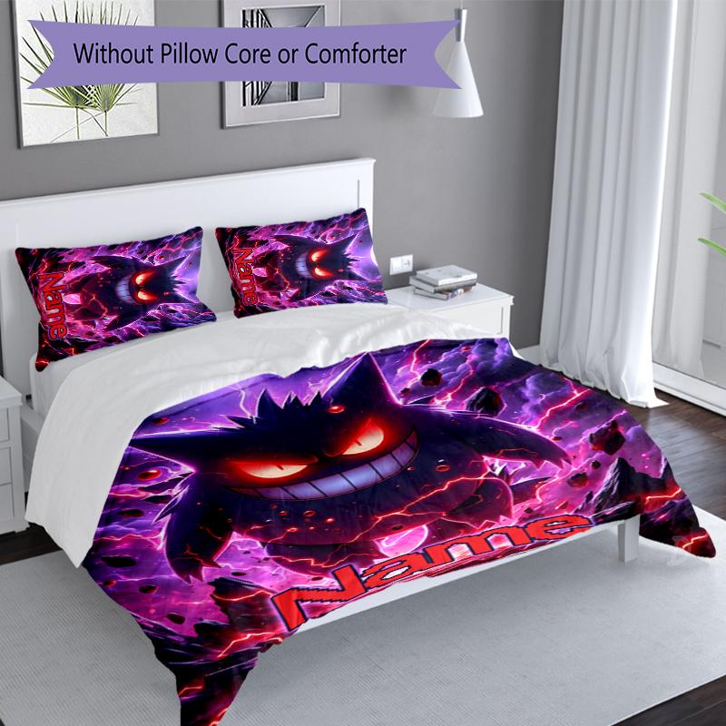 3pcs Custom Name Pokémon Gengar Bedding Set,Includes 1 Duvet Cover and 2 Pillowcases,All-season Bedroom Decor