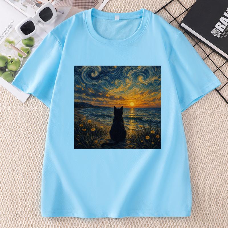 Summer Black Cat Graphic T Shirts Retro Ocean Sunset Cat Tee Van Gogh Cat Lovers Tshirt Unisex Unisex Causal Crewneck Tshirts