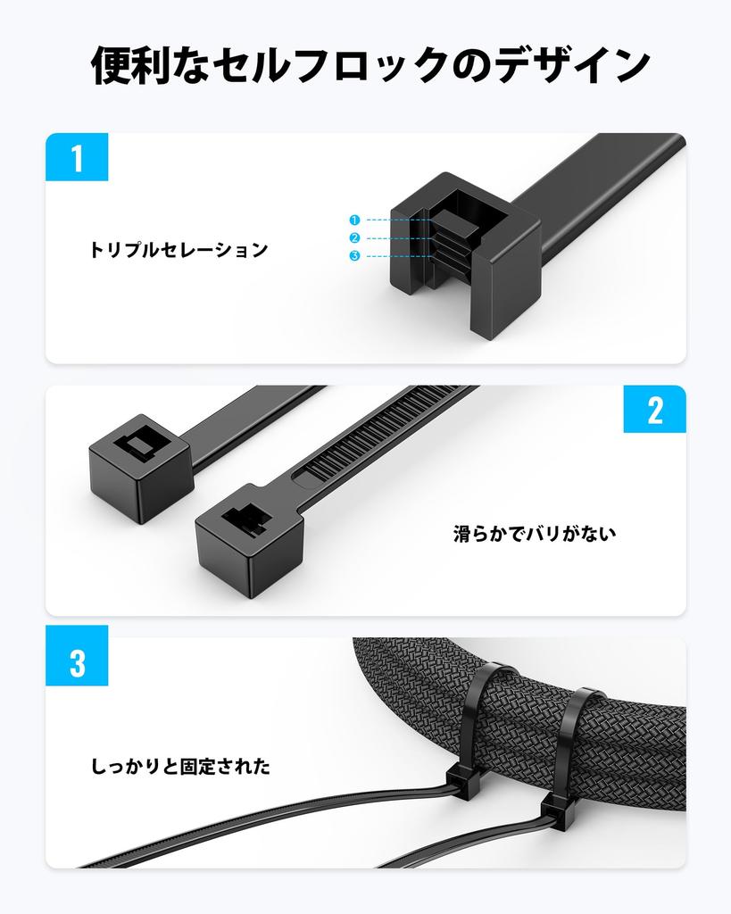 Highwings Cable Ties, 400-Pack, 4 Sizes, Durable, Weather-Resistant, Black, Nylon, Self-Locking, for Outdoor Use, Gardening, Motorcycles, and Cable