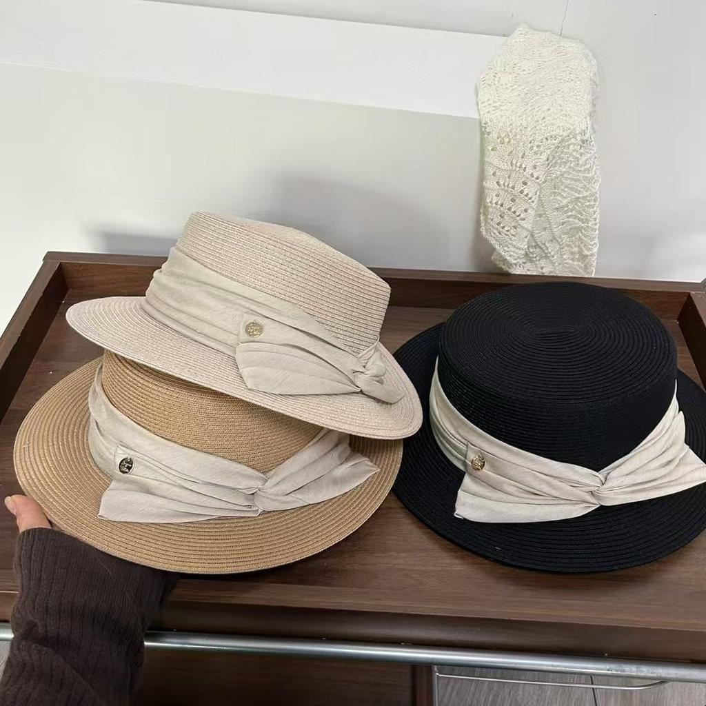 Eleganter Strohhut mit flachem Oberteil für Damen, Frühling und Sommer, hohe Qualität, Reise, vielseitig, Schleife, lässig, Shopping, Sonnenhut