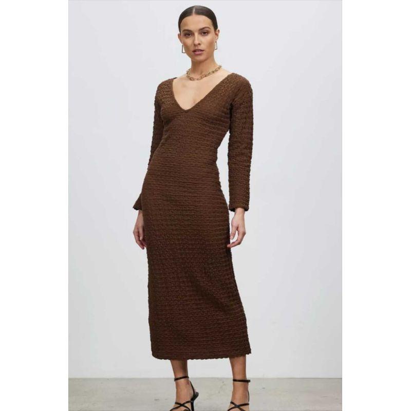 

Export Graceful Personality Concave-Convex Fabric Long Sleeves V Neck Bodycon Dress Flattering Stretch Socialite Dress Women Chocolate Brown L(12)