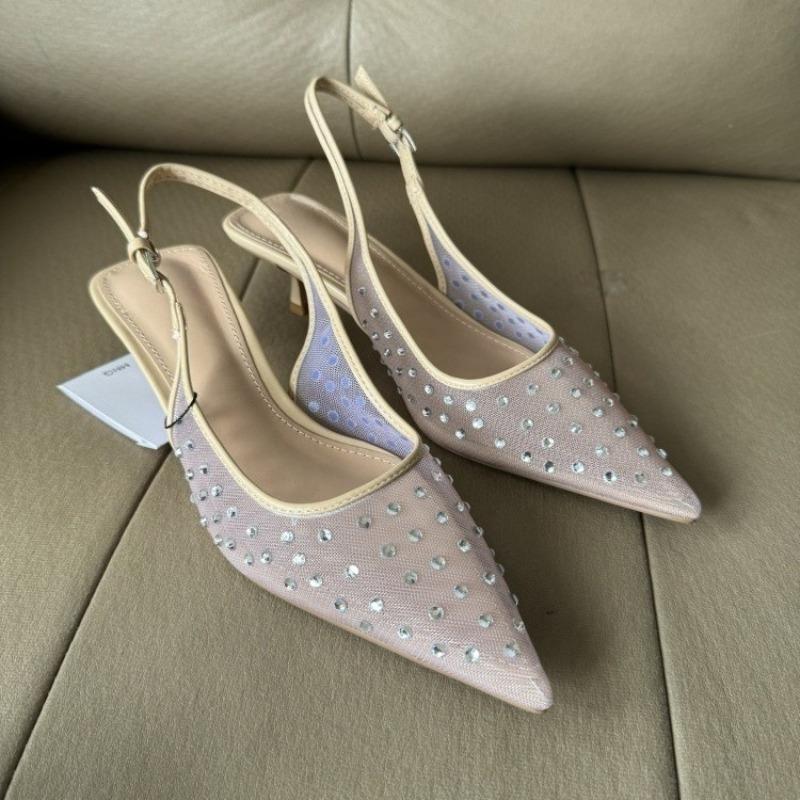 

Fashion Luxury Rhinestones Mesh Women High Heels Sandals 2025 Summer Pointed Toe Dress Slingbacks Sexy Office Work Lady Mules Shoes 36