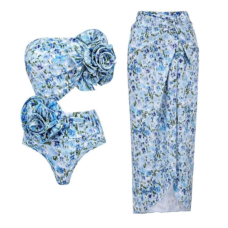Women's Floral Halter Swimsuit with 3D Flower Details and Hollow Out Design