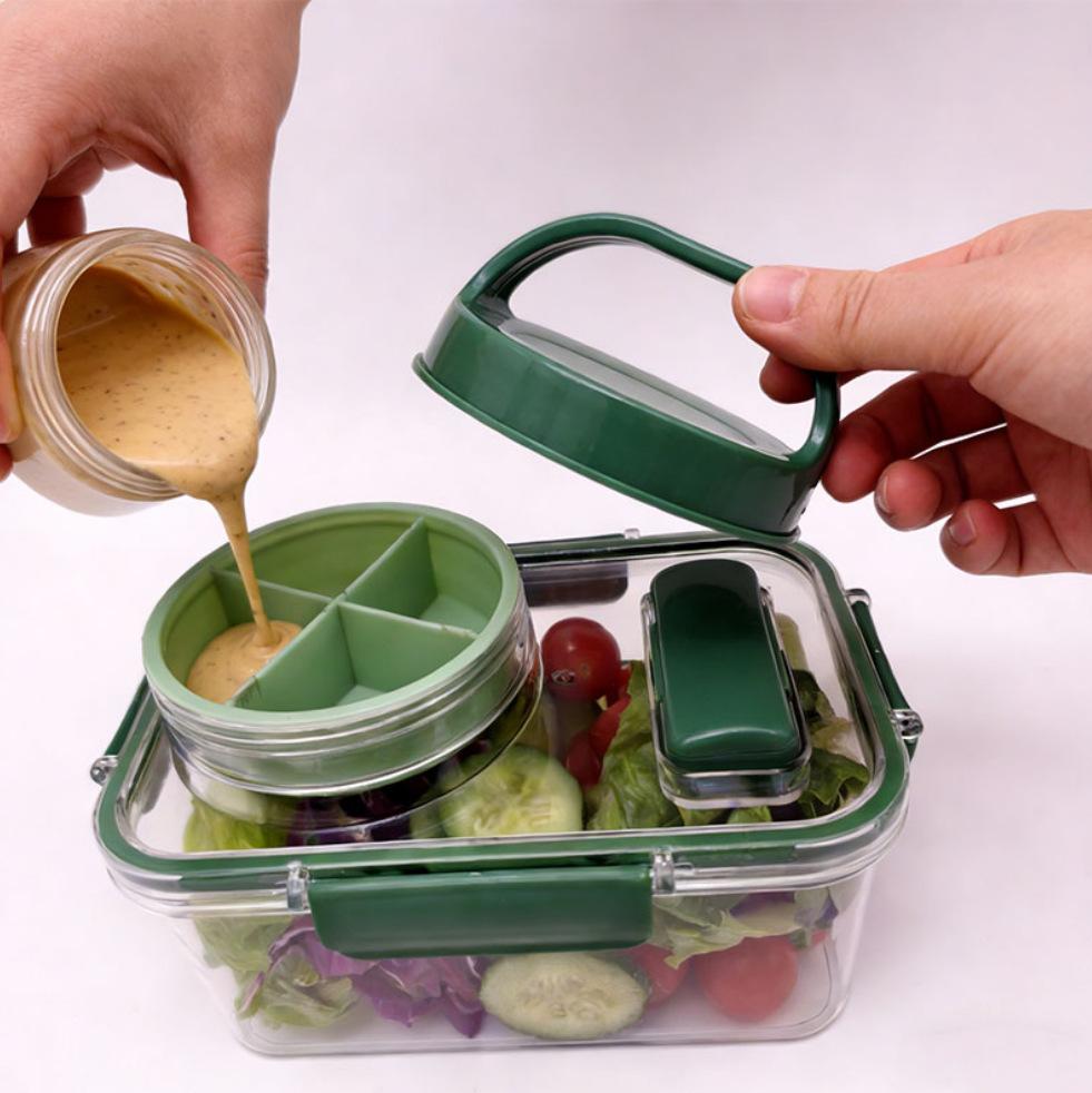 Portable Salad Box With 4 Seasoning Boxes, Rectangular Salad Crisper, Lunch Box, Food Storage Box, Camping Home Use