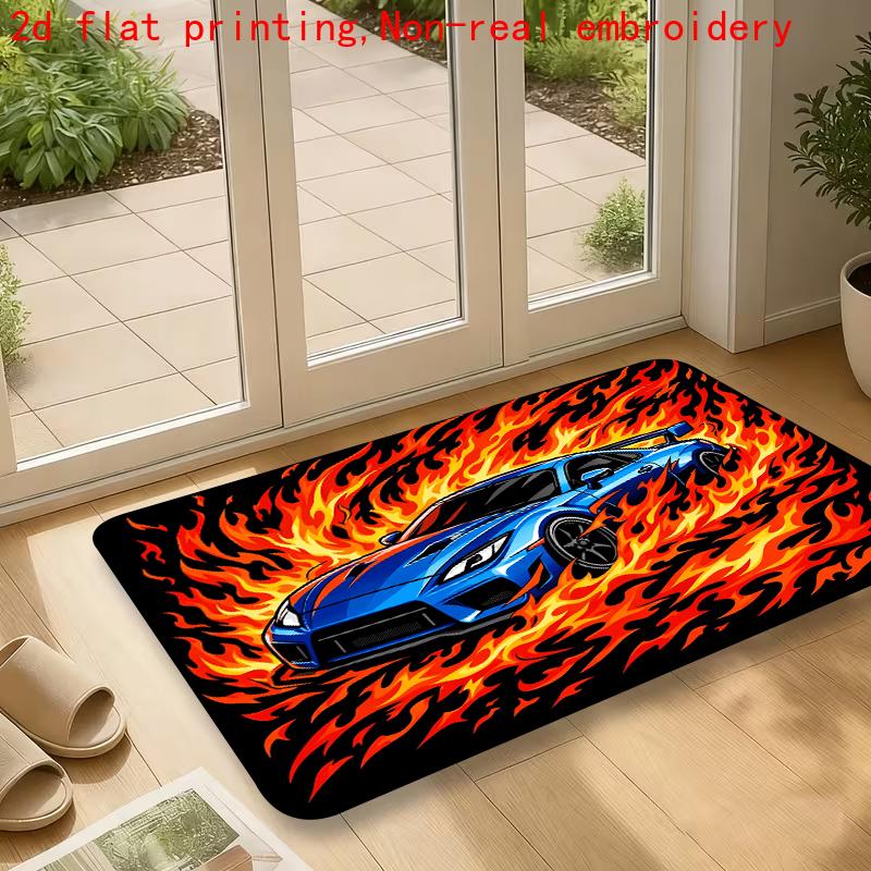 1pc, 2D Flat Printing, Flame Sports Car Pattern Entrance Door Mat, Foyer Welcome Mat, Non-Slip Machine Washable Easy Clean Polyester Carpet, Suitable