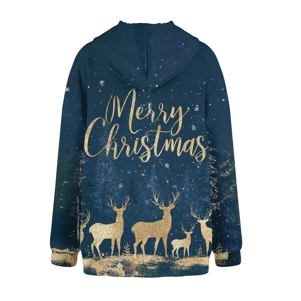 Women's Fashionable Casual Long-Sleeved Christmas Print Fleece-Lined Thick Hooded Sweatshirt