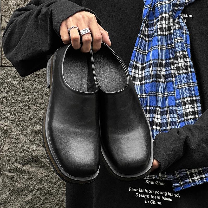 Sandalias de Cuero Casual Clásicas de Estilo Británico para Hombre Cómodas para Exteriores de Punta Cerrada Semi-Zuecos Suela Gruesa Antideslizantes Zapatos para Caminar