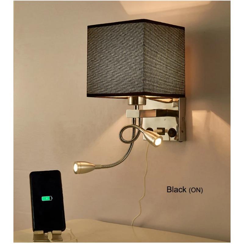 Simple Modern USB Port Charging Wall Lamp Hotel Bedroom Bedside Square Fabric Wall Sconce with Led Spotlight Rocker Switch