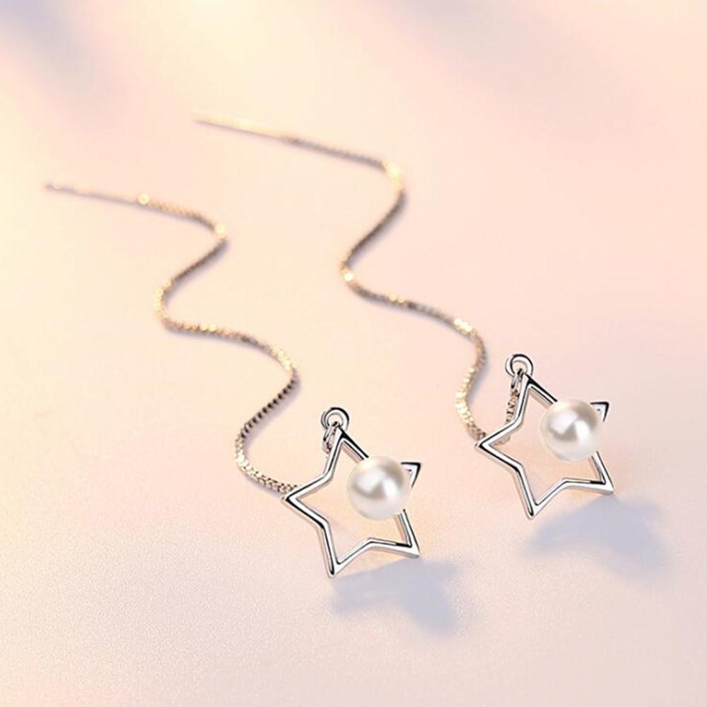 925 Silver Needle New Woman Jewelry Fashion Earrings High Quality Round Pearls Retro Pentagram Long Tassel