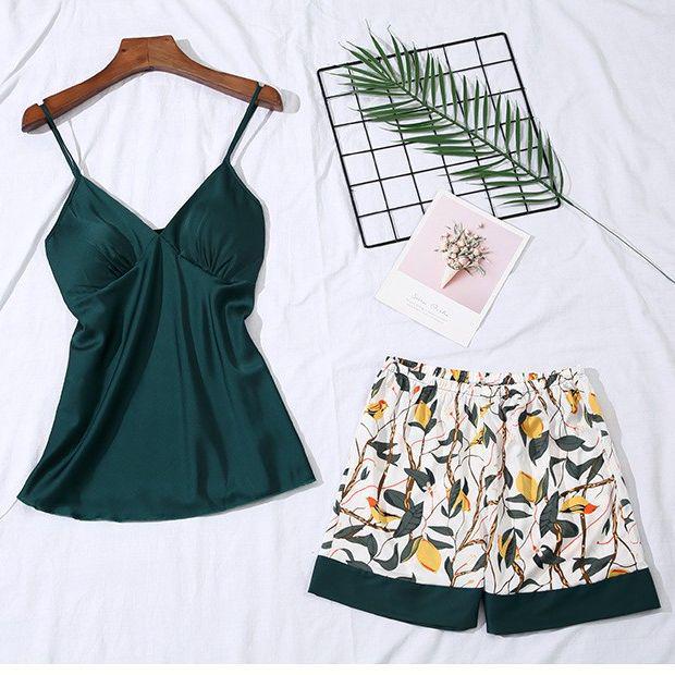 Women's Ice Silk Solid Color Two-Piece Lounge Set with Chest Pad